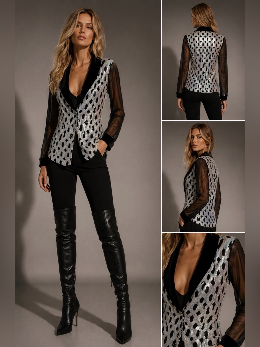 Women’s Revolution Sequin Mesh Evening Cardigan Black Silver Open Front M RC2279
